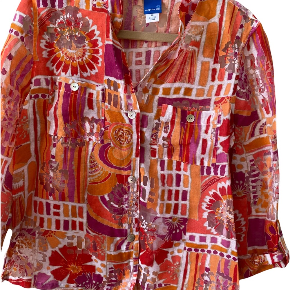 Sapphire Star Women’s Pink Orange Sheer Blouse SZ 14